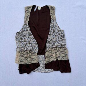 Vtg y2k Julie & Jewels Brown Cream Lace Patchwork Vest Top Sz M Spring Cottage